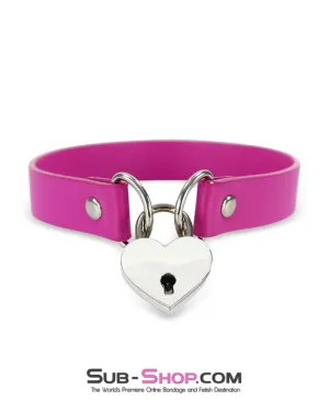 1516DL      Heart Beat Pink Leatherette Padlock Slave Charm Collar