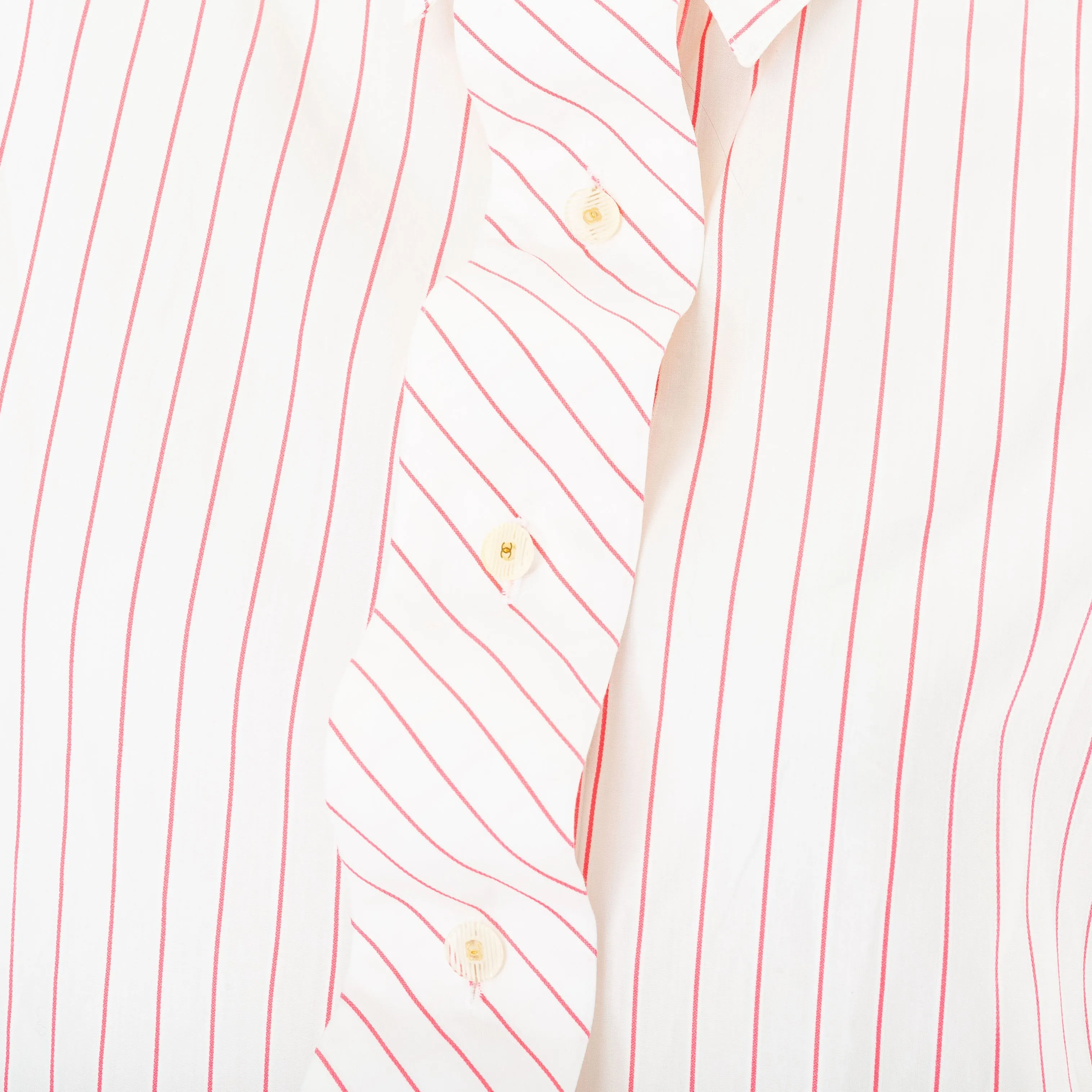 2002 White Cotton Pink Striped CC Button Up Ruffled Shirt