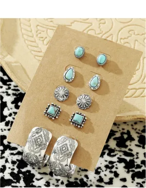 5Pairs Western Vintage Style Turquoise Stone Decor Stud Hoop Earrings Set