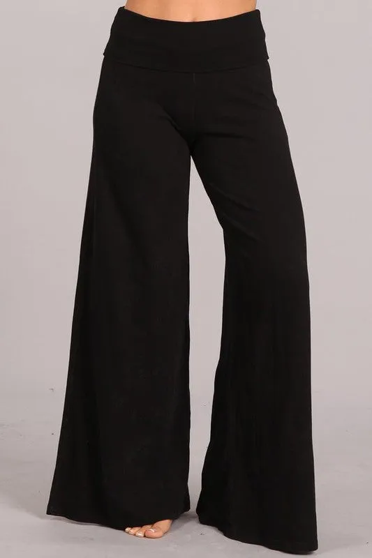 Black Mineral Wash Wide Led Foldover Over Waistband Casual Boho Womens Pants