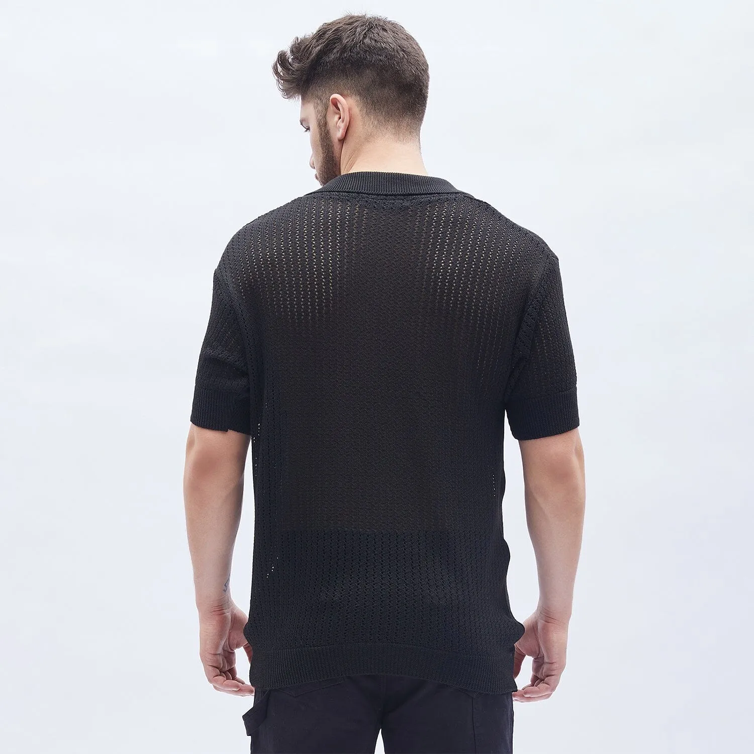 Black Textured Knit Polo Tshirt