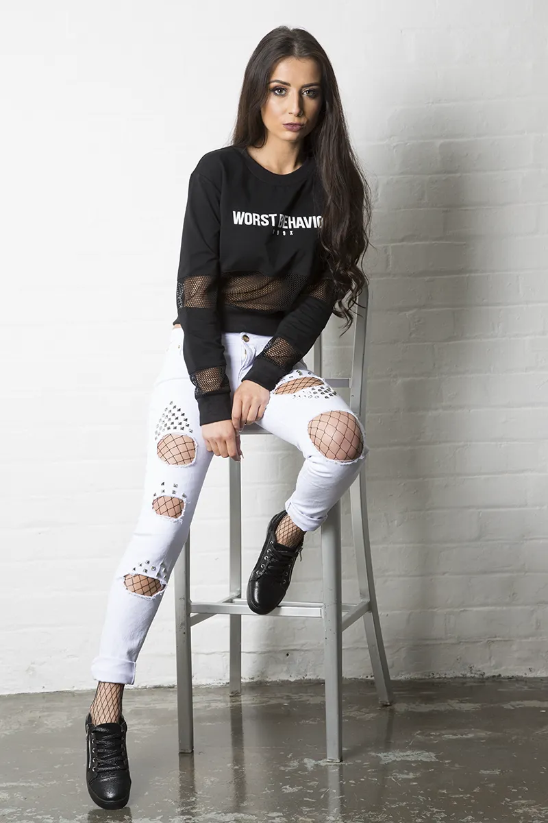 Black Worst Behavior Slogan Cropped Jumper - Adina