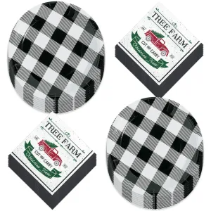 Buffalo Plaid Party Supplies - Paper Dinner Plates and Tree Farm Lunch Napkins (Serves 16)