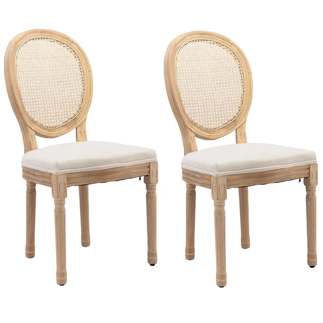 Chic French Vintage Rattan Dining Chairs, Solid Wood Legs, Set of 8