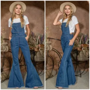 Denim Retro Vintage 70's Flared Bell Bottom Bohemian Casual Overalls Women's