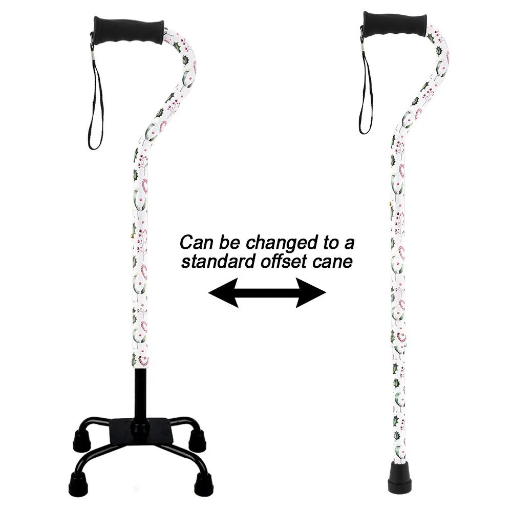 Holiday Cheer Convertible Quad Base Walking Cane with Comfort Grip - Adjustable Shaft