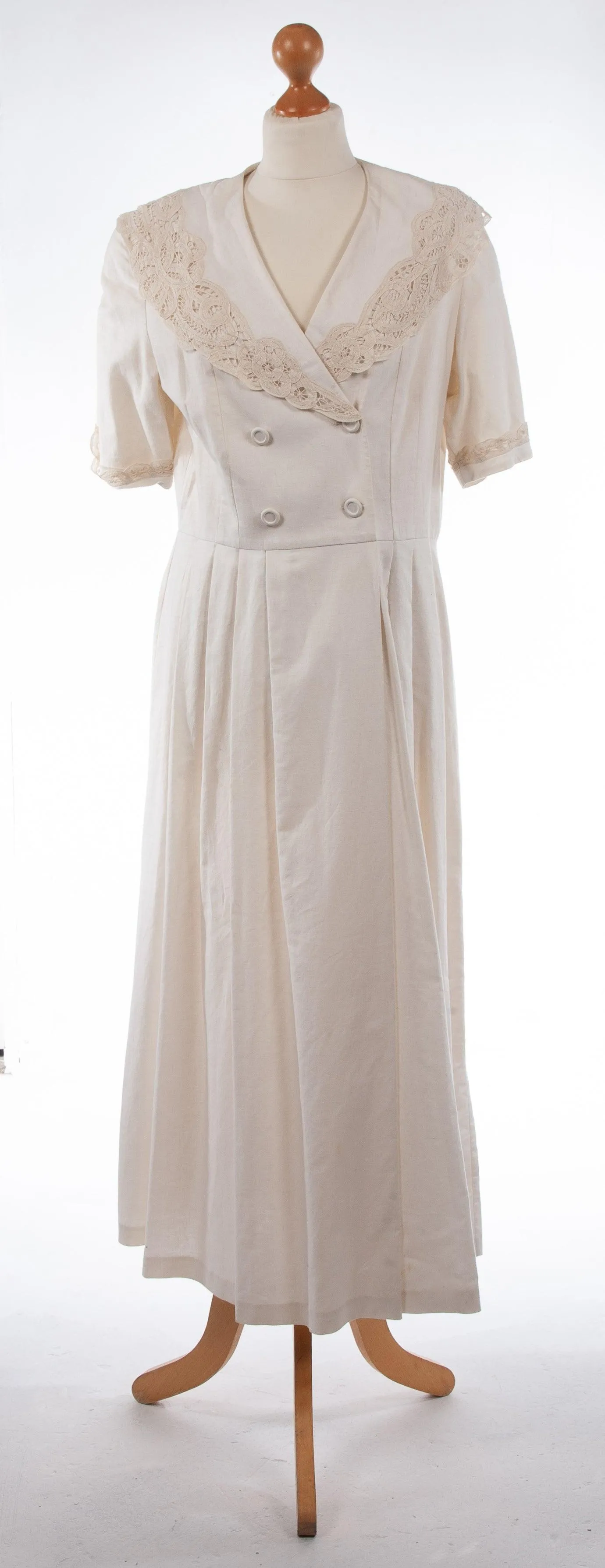 Laura Ashley Cream Linen and Cotton Summer Dress With Lace Collar UK 14