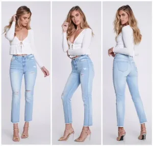 Light Vintage Wash Cropped High Rise Ankle Slim Jeans Distressed Womens