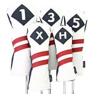 Majek Retro Golf Headcovers White Blue with Red Stripe Vintage Leather Style