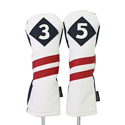 Majek Retro Golf Headcovers White Blue with Red Stripe Vintage Leather Style