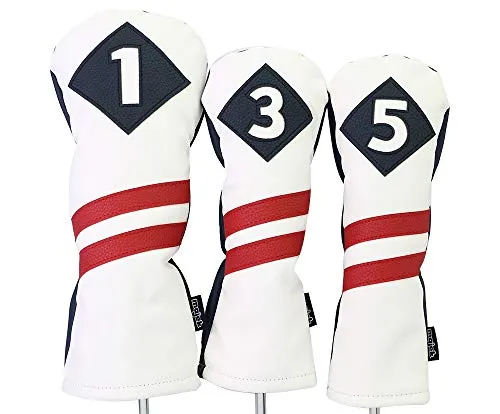 Majek Retro Golf Headcovers White Blue with Red Stripe Vintage Leather Style