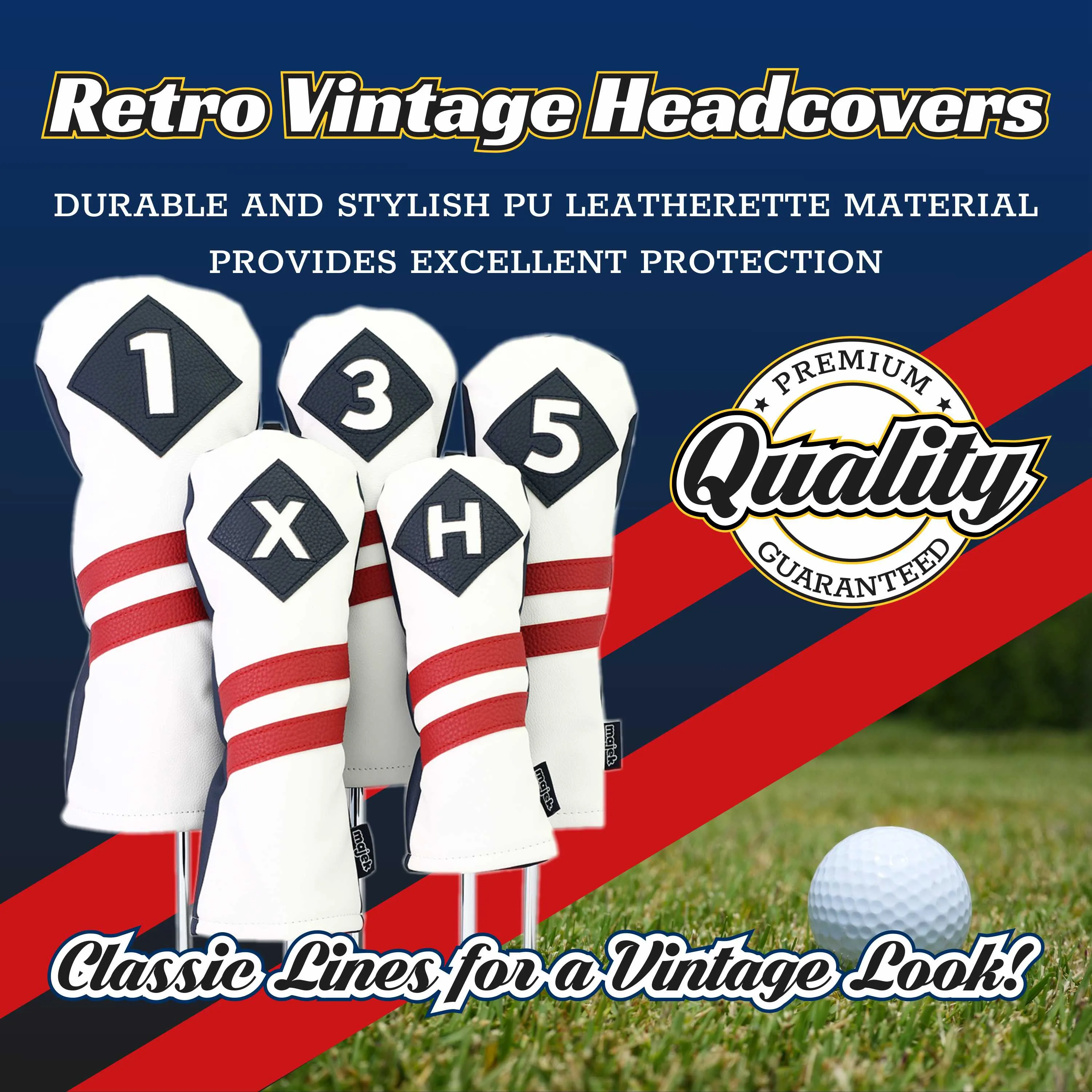 Majek Retro Golf Headcovers White Blue with Red Stripe Vintage Leather Style