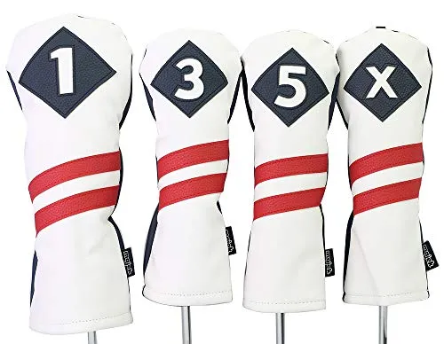 Majek Retro Golf Headcovers White Blue with Red Stripe Vintage Leather Style