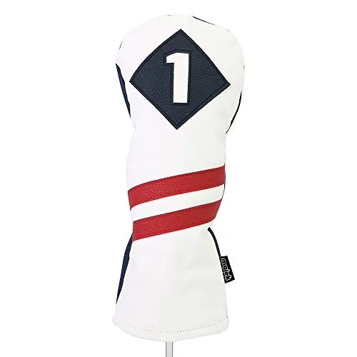 Majek Retro Golf Headcovers White Blue with Red Stripe Vintage Leather Style