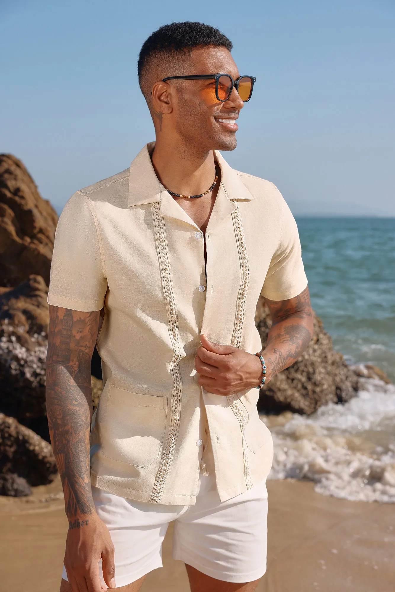 Mens Casual Button Down Shirts Linen Cuban Guayabera Beach Shirt