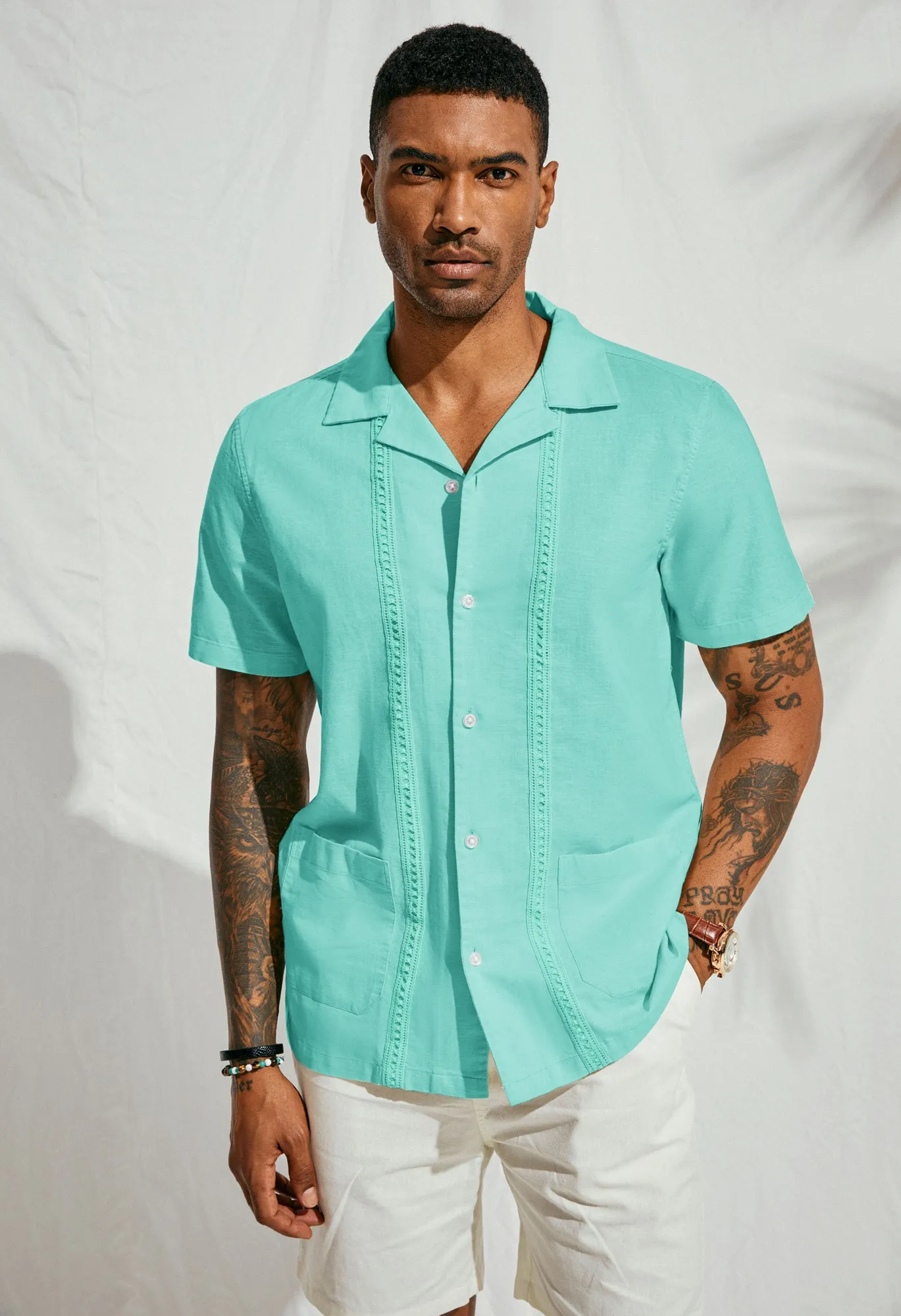 Mens Casual Button Down Shirts Linen Cuban Guayabera Beach Shirt