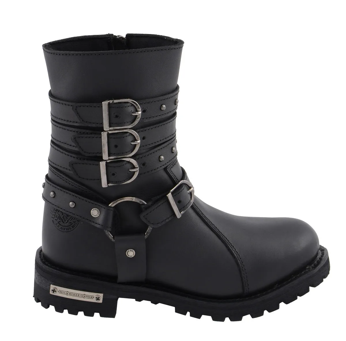 Milwaukee Leather MBL9399 Women's 9-Inch Triple Buckle Black Leather Harness Biker Boots w/ Side Zipper Entry