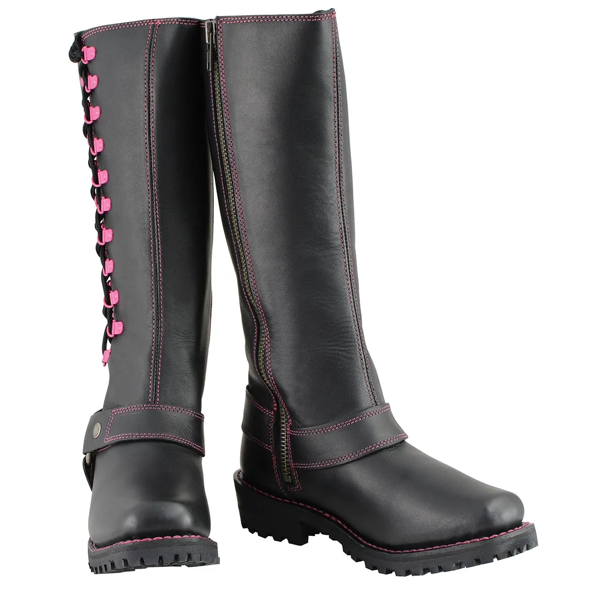 Milwaukee Leather Women's Black 14-inch Leather Harness Motorcycle Boots with Fuchsia Accent Lacing MBL9367