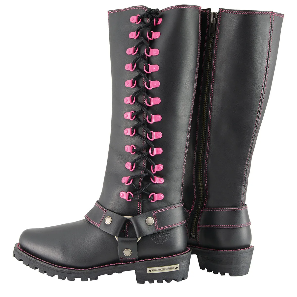 Milwaukee Leather Women's Black 14-inch Leather Harness Motorcycle Boots with Fuchsia Accent Lacing MBL9367