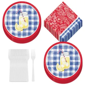 Paisley & Plaid Lemonade Picnic Blue Gingham Paper Plates, Napkins, & Forks (Serves 16)