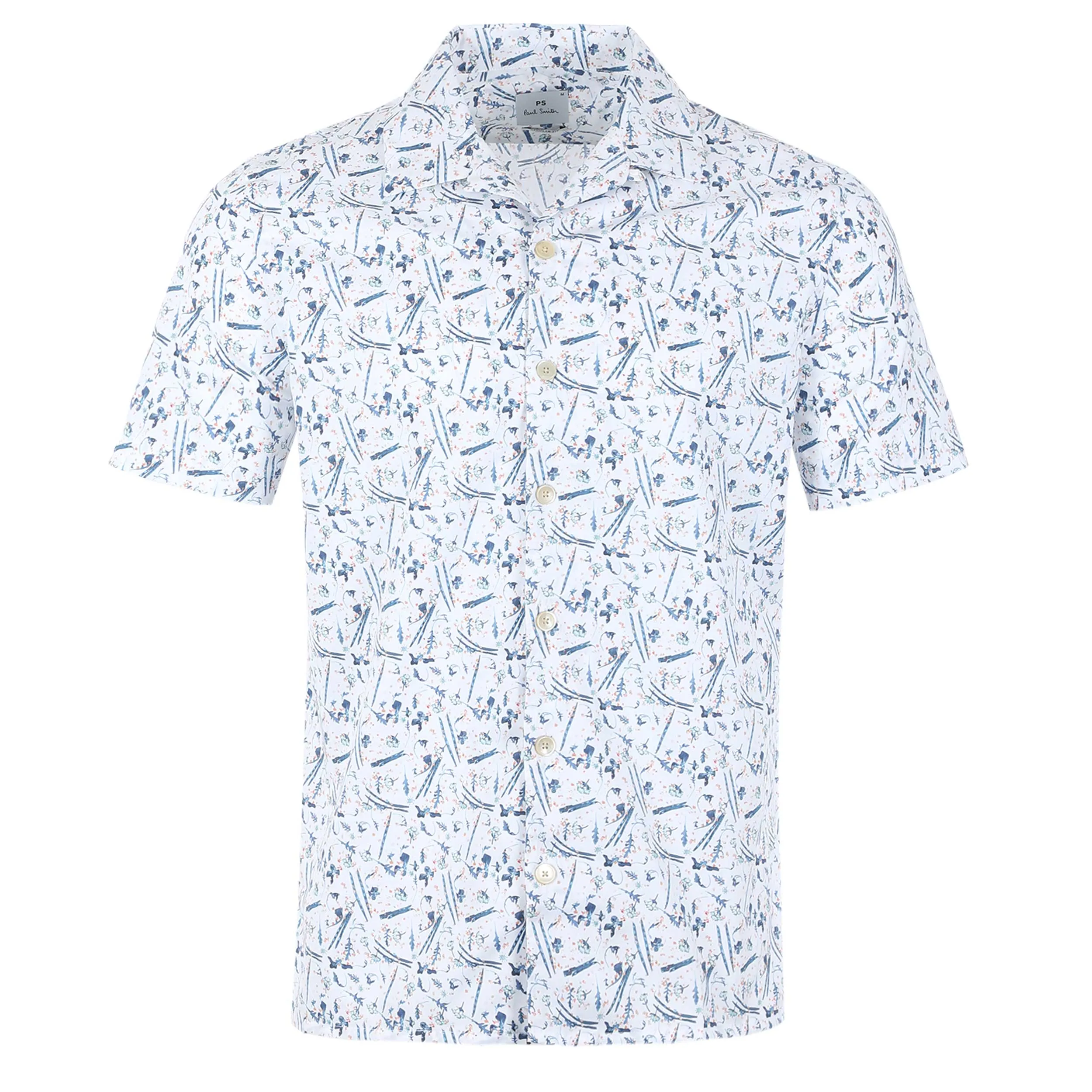 Paul Smith Blue Floral Print Reg Fit SS Shirt in White