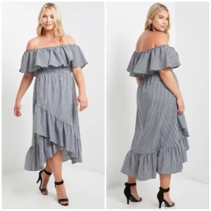 Plus Black Gingham Dress Wrap Maxi Off Shoulder Ruffle Casual Checker