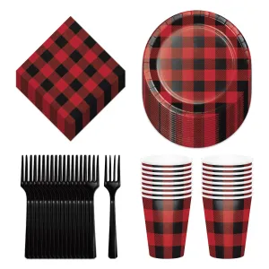 Red & Black Buffalo Plaid Party Dessert Plates, Napkins, Cups, and Forks (Serves 16)