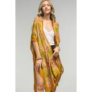 Retro Vintage 70's Style Floral Leaf Print Kimono Open Wrap Coverup Top One Size