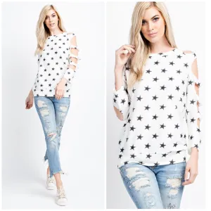 Star Print Top Open Cold Shoulder Long Sleeve White Black Casual