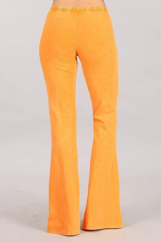 Tangerine Orange Boho Mineral Wash Flared Stretch Pants Casual Womens