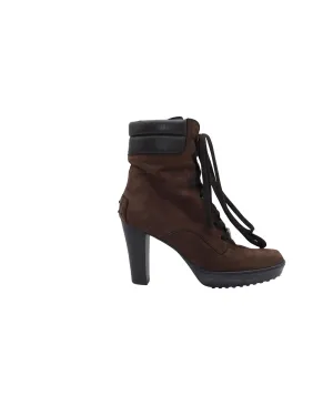 Tod's Aspen Penny Lu Lace Up Heeled Boots in Brown Suede