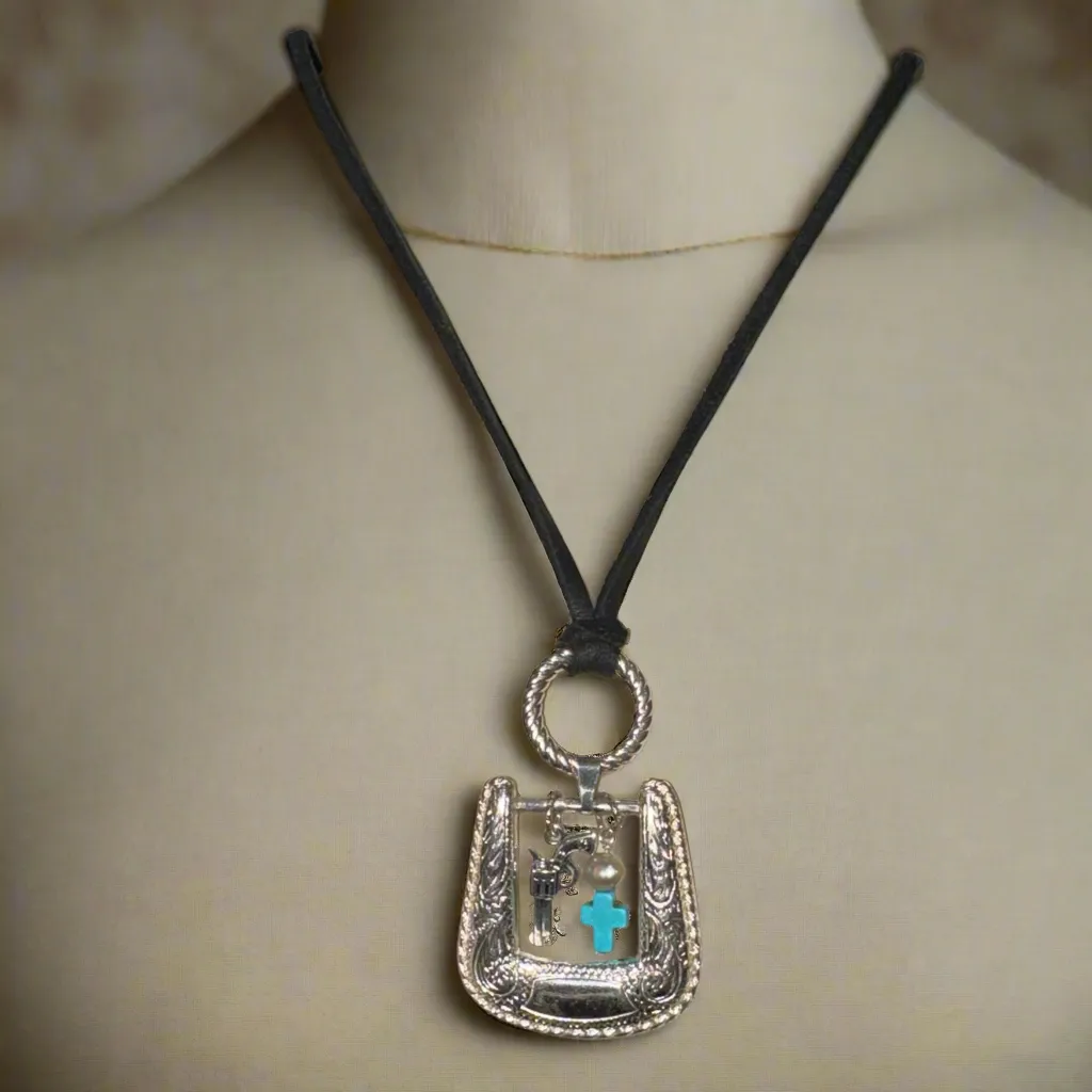 Upcycled Vintage Belt Buckle Pendant W/ Turquoise Western Style Leather Necklace