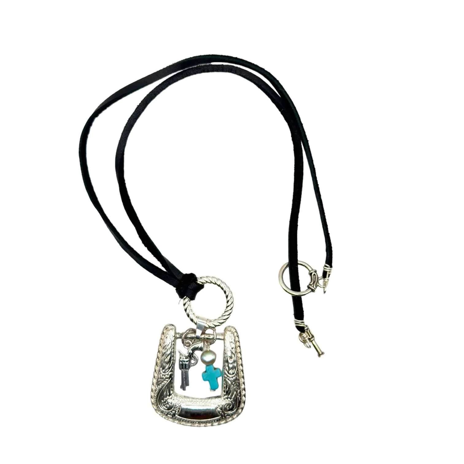 Upcycled Vintage Belt Buckle Pendant W/ Turquoise Western Style Leather Necklace