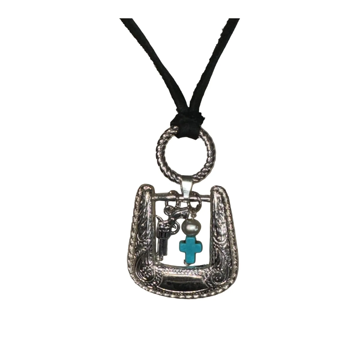 Upcycled Vintage Belt Buckle Pendant W/ Turquoise Western Style Leather Necklace