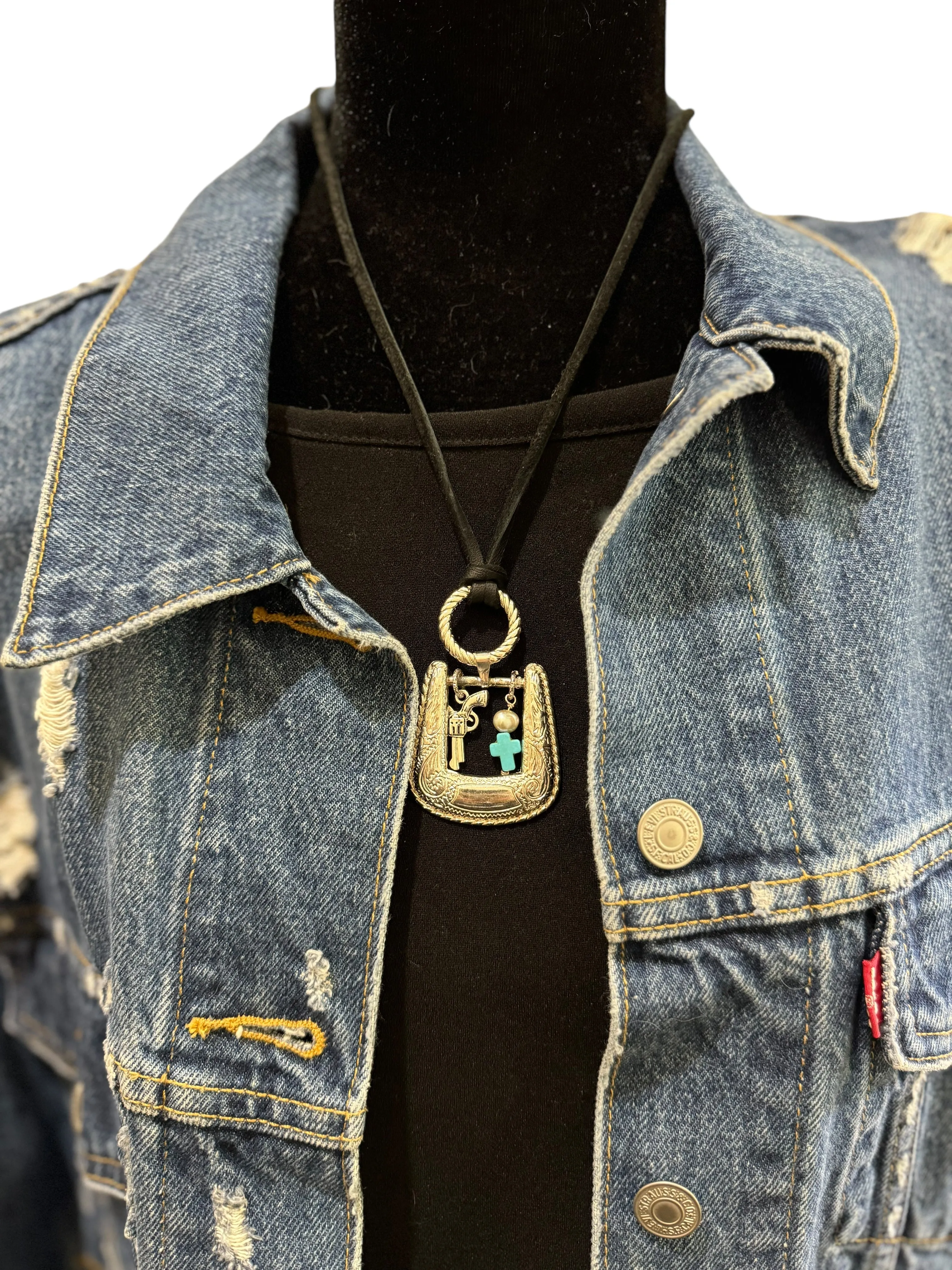 Upcycled Vintage Belt Buckle Pendant W/ Turquoise Western Style Leather Necklace