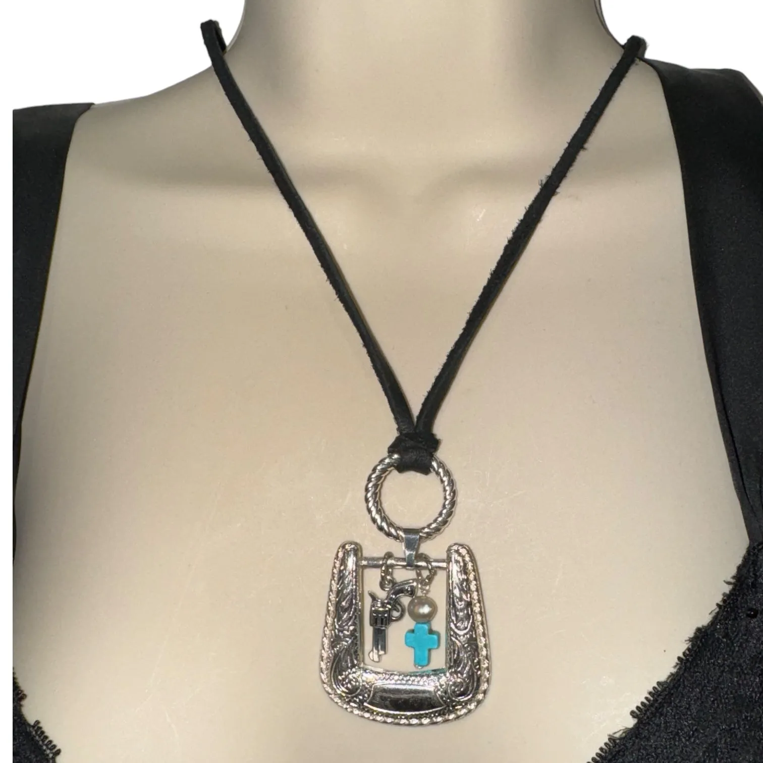 Upcycled Vintage Belt Buckle Pendant W/ Turquoise Western Style Leather Necklace