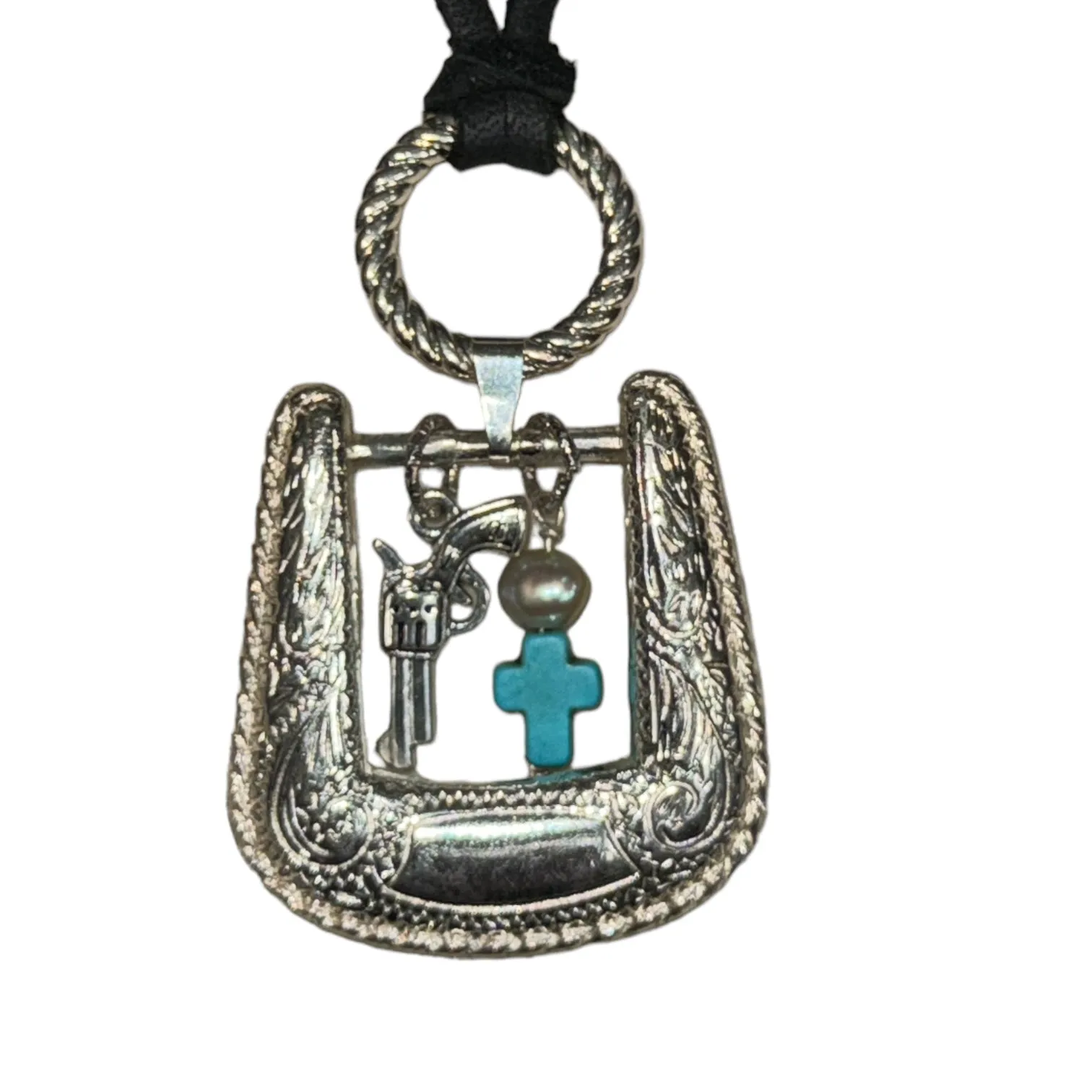 Upcycled Vintage Belt Buckle Pendant W/ Turquoise Western Style Leather Necklace