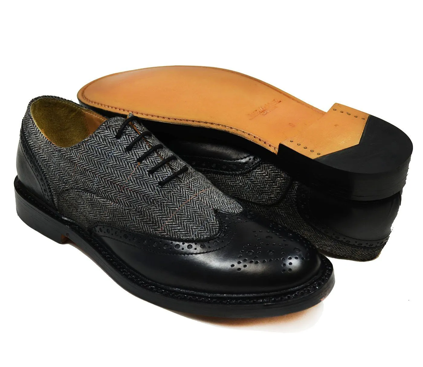 VERONA Black Leather and Textile Full Brogue Oxfords