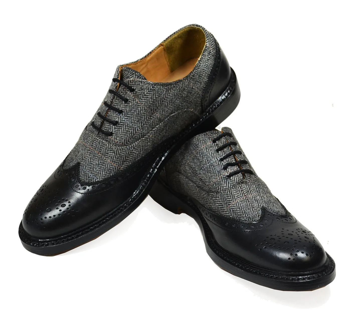 VERONA Black Leather and Textile Full Brogue Oxfords