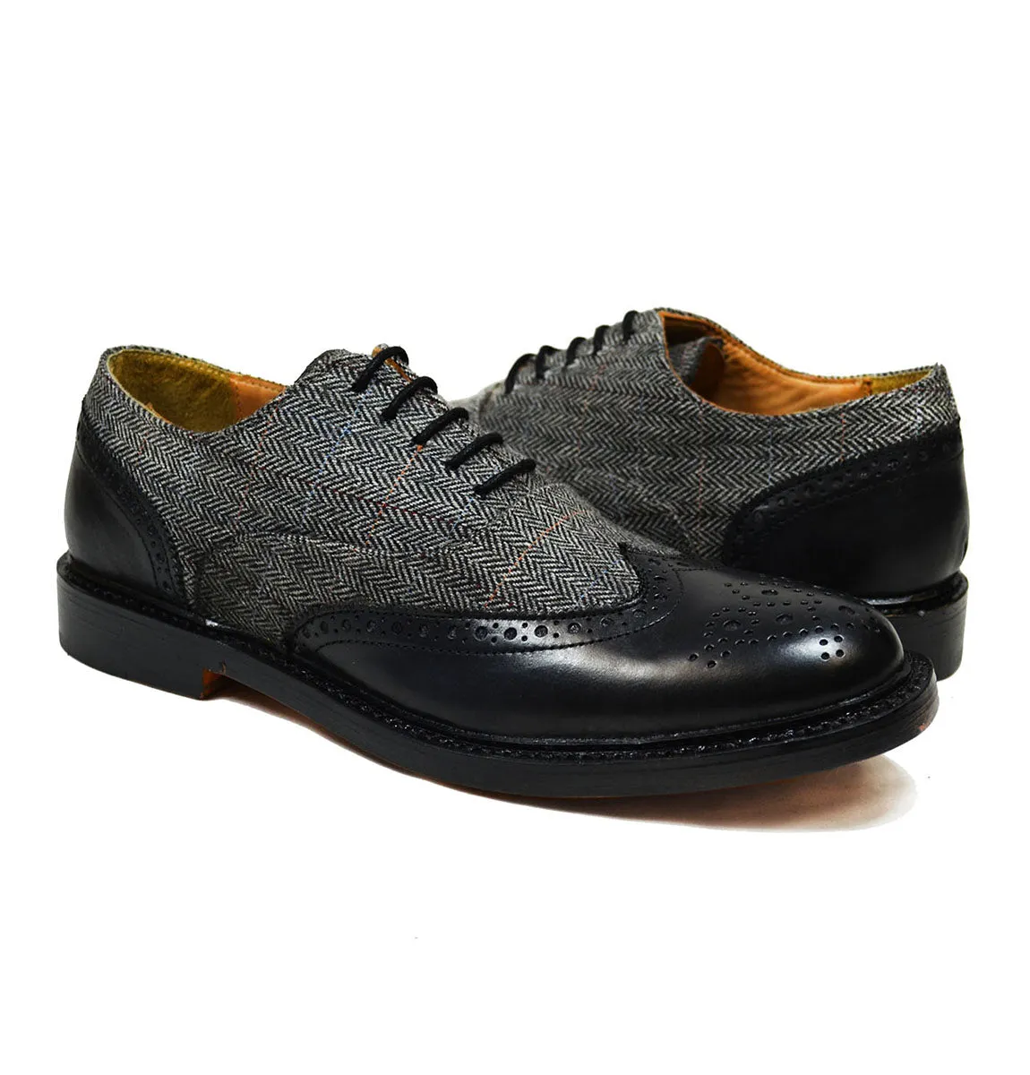 VERONA Black Leather and Textile Full Brogue Oxfords