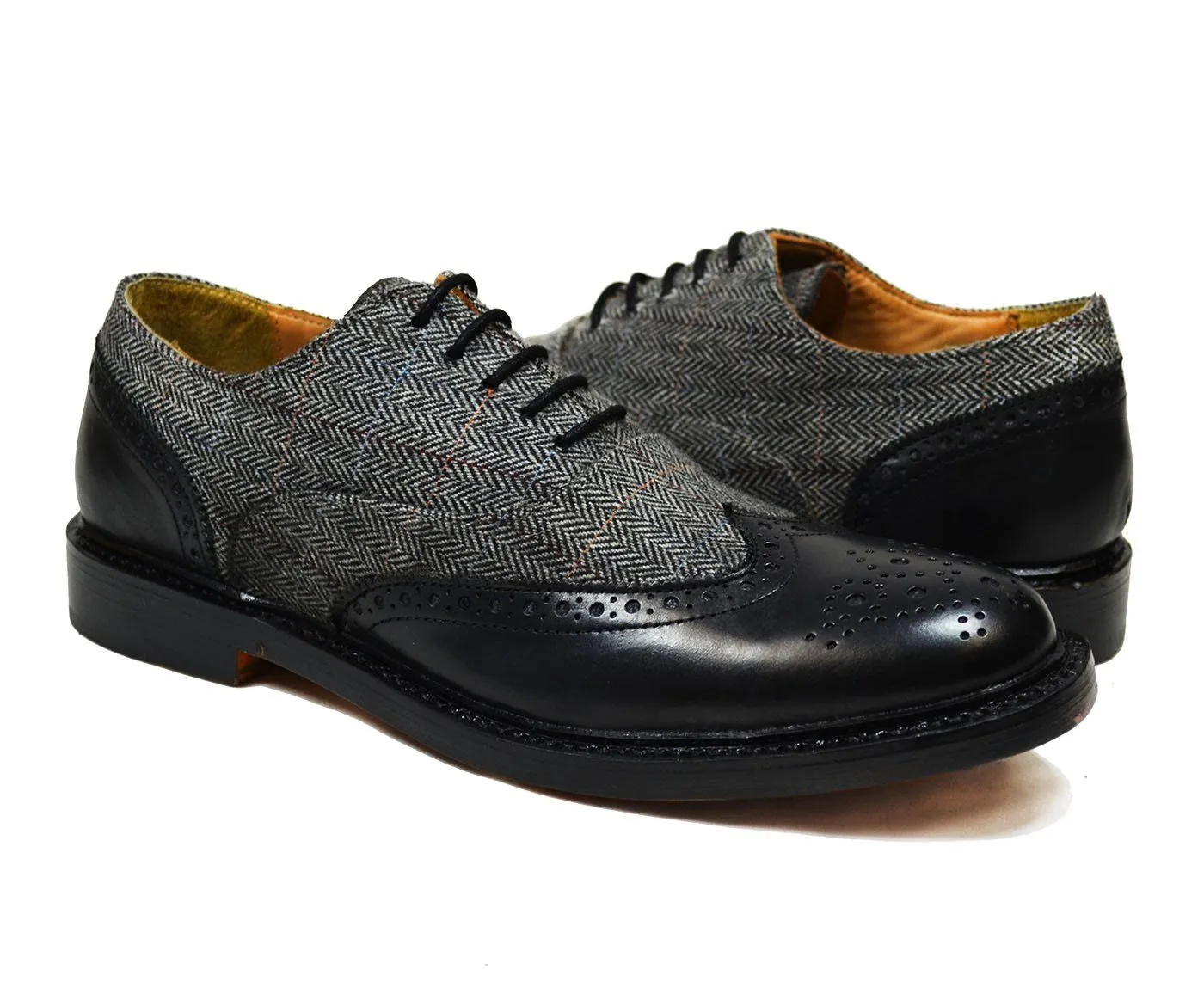 VERONA Black Leather and Textile Full Brogue Oxfords