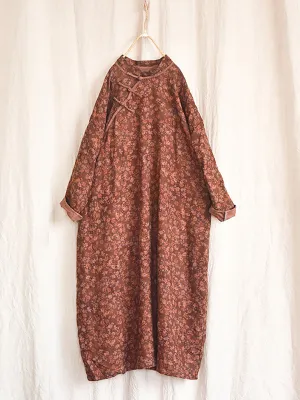 Women Autumn Worn Button Flower Loose Linen Dress