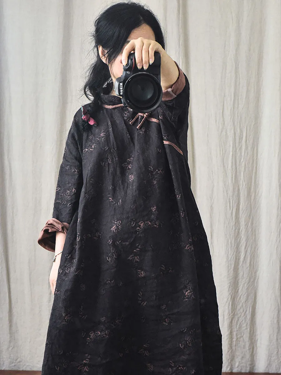 Women Autumn Worn Button Flower Loose Linen Dress